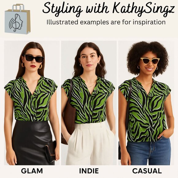 Worthington Womens Green Zebra Print Blouse Size Large Sleeveless V Neck Top - Picture 2 of 10